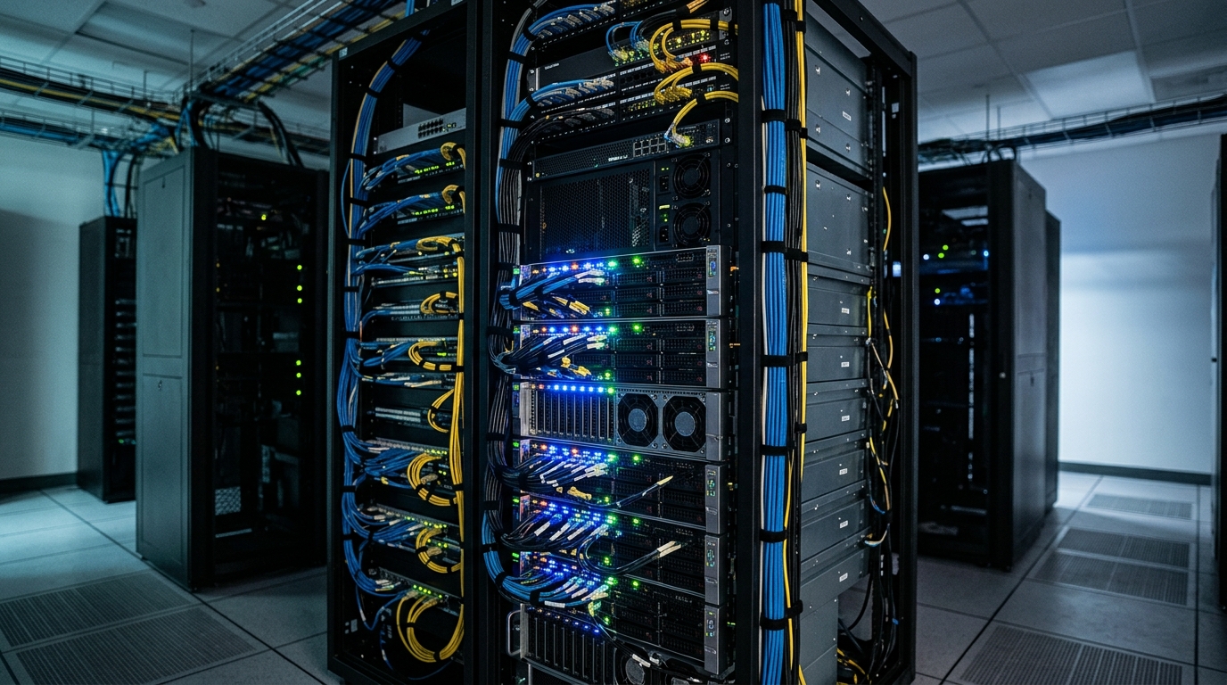 A server rack with various components, symbolizing a local stable diffusion hardware setup for AI image generation.
