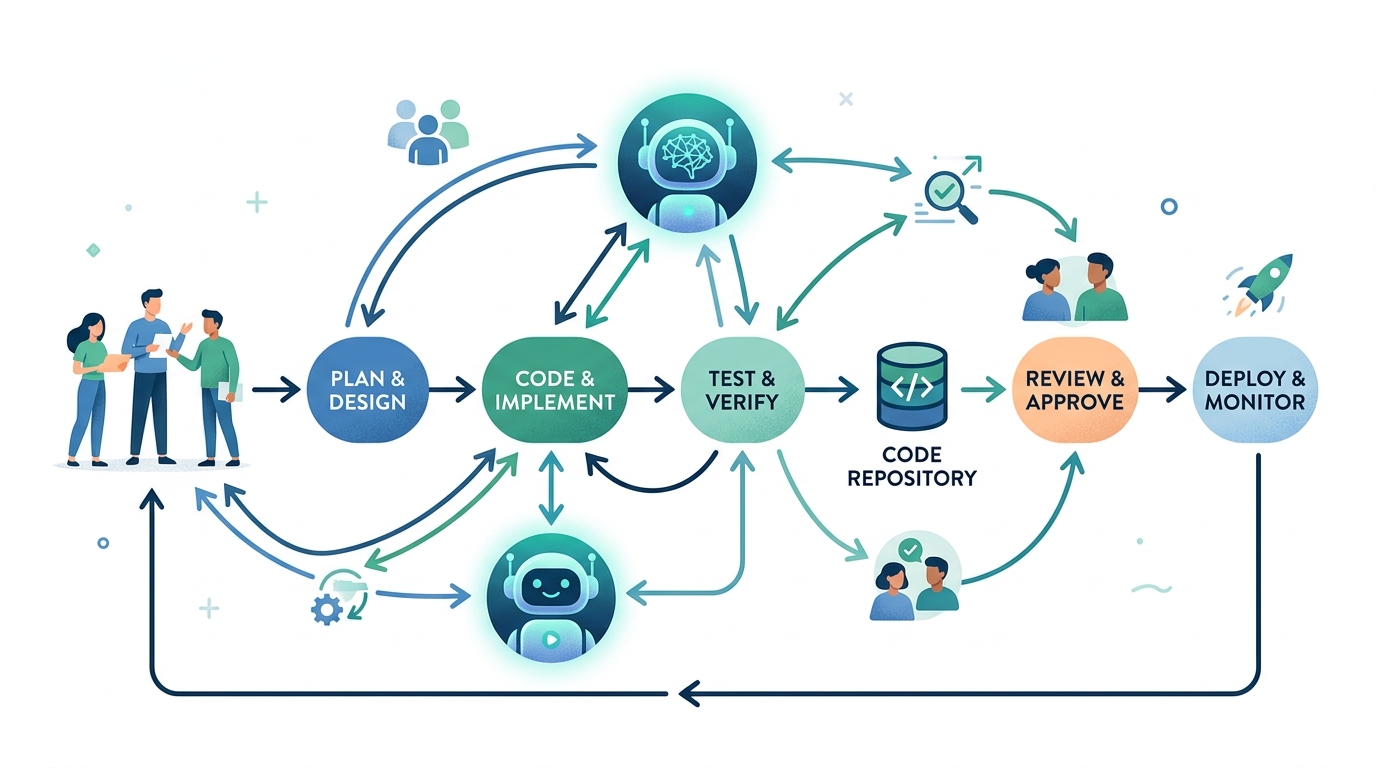 Diagram illustrating team collaboration in an AI-assisted development workflow, with specific integration points for Claude Code to enhance productivity and consistency.