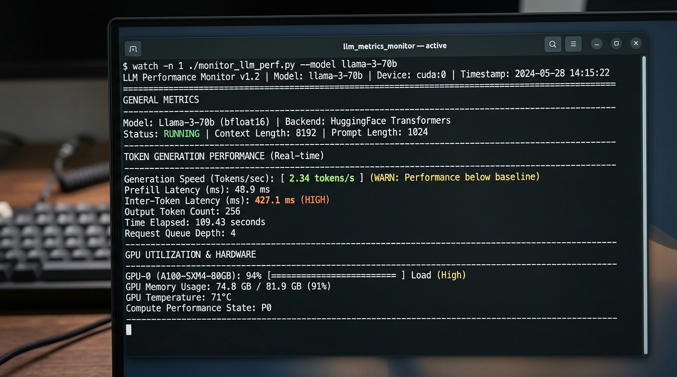 Terminal output displaying slow token generation speed metrics for a local large language model.