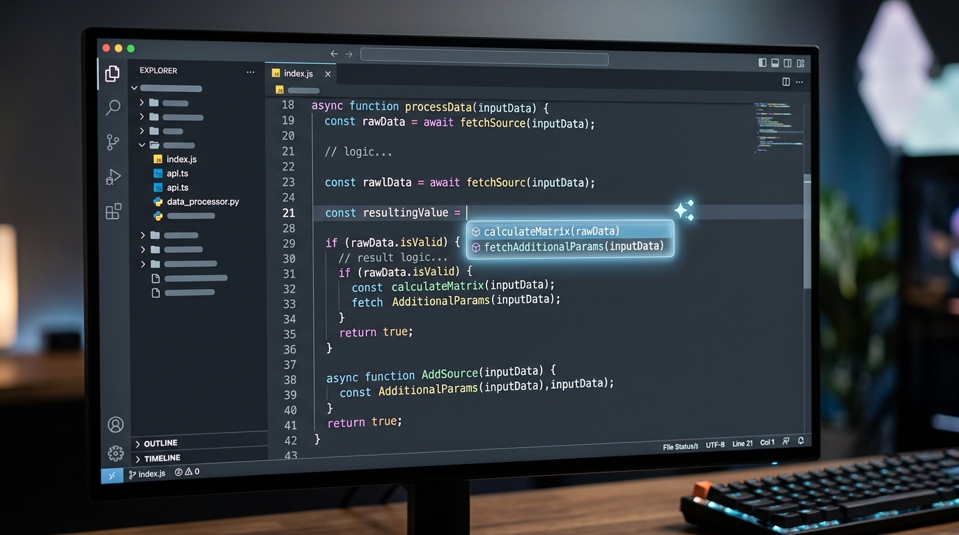 A clean, abstract representation of the VS Code Insiders interface, showing an AI coding assistant like GitHub Copilot providing code suggestions within the editor.