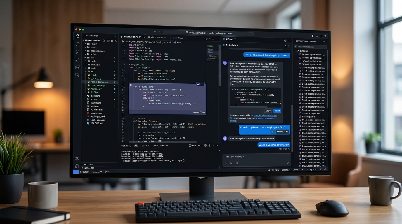 A VS Code Insiders workspace with an optimized layout for AI coding, displaying active AI tools and multiple panels.