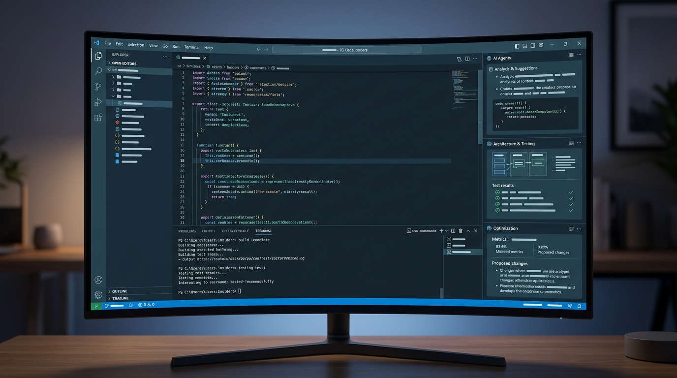 VS Code Insiders workspace showing multiple AI agents configured for collaborative coding tasks