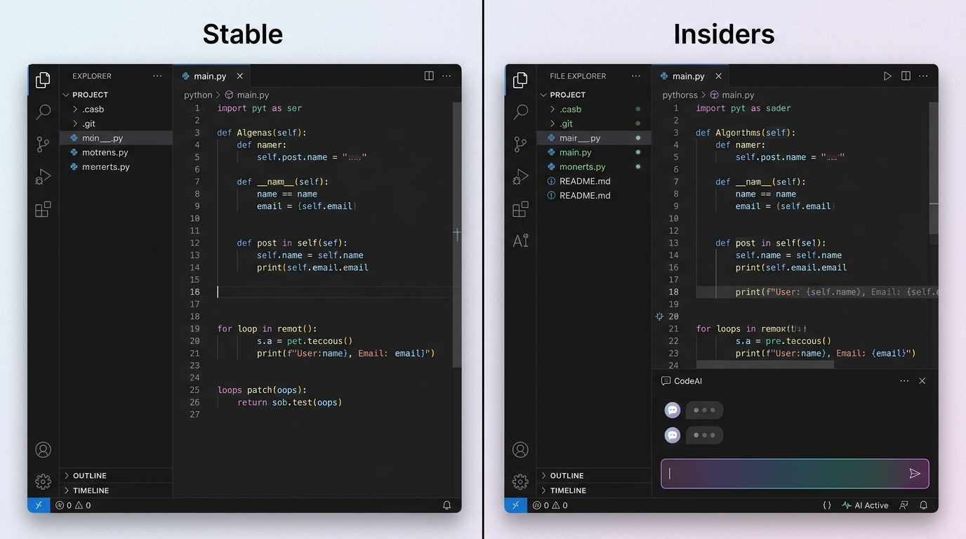 Side-by-side comparison of VS Code Insiders and stable version interfaces highlighting differences in AI feature integration and overall UI.