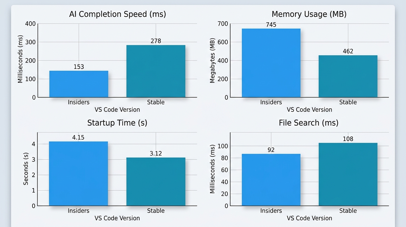 Performance benchmark chart visually comparing VS Code Insiders and stable versions across various AI coding tasks, showing metrics like completion speed and memory usage.