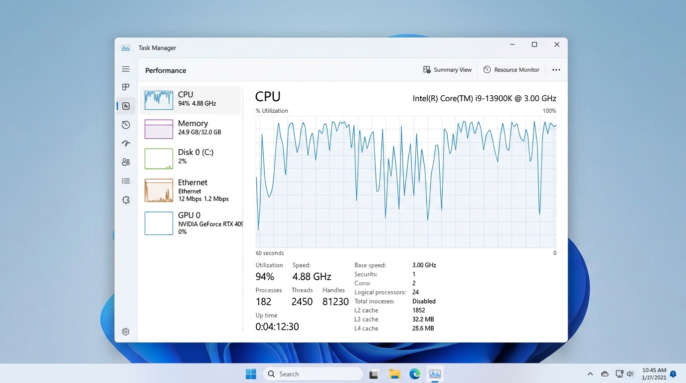 Windows Task Manager showing high CPU and RAM usage during a local LLM operation, with minimal or no GPU activity, demonstrating CPU-only inference.