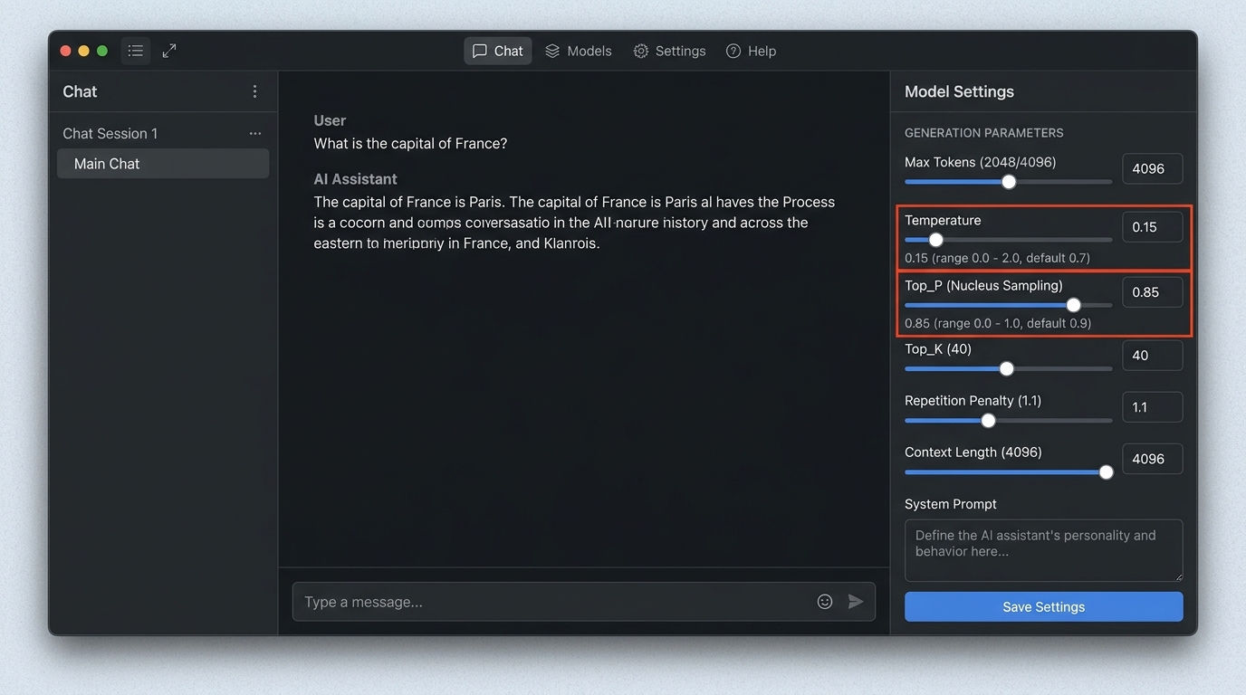 Screenshot of an LLM inference client interface demonstrating how to adjust temperature and Top_P parameters to improve instruction following, with temperature set low for deterministic output.