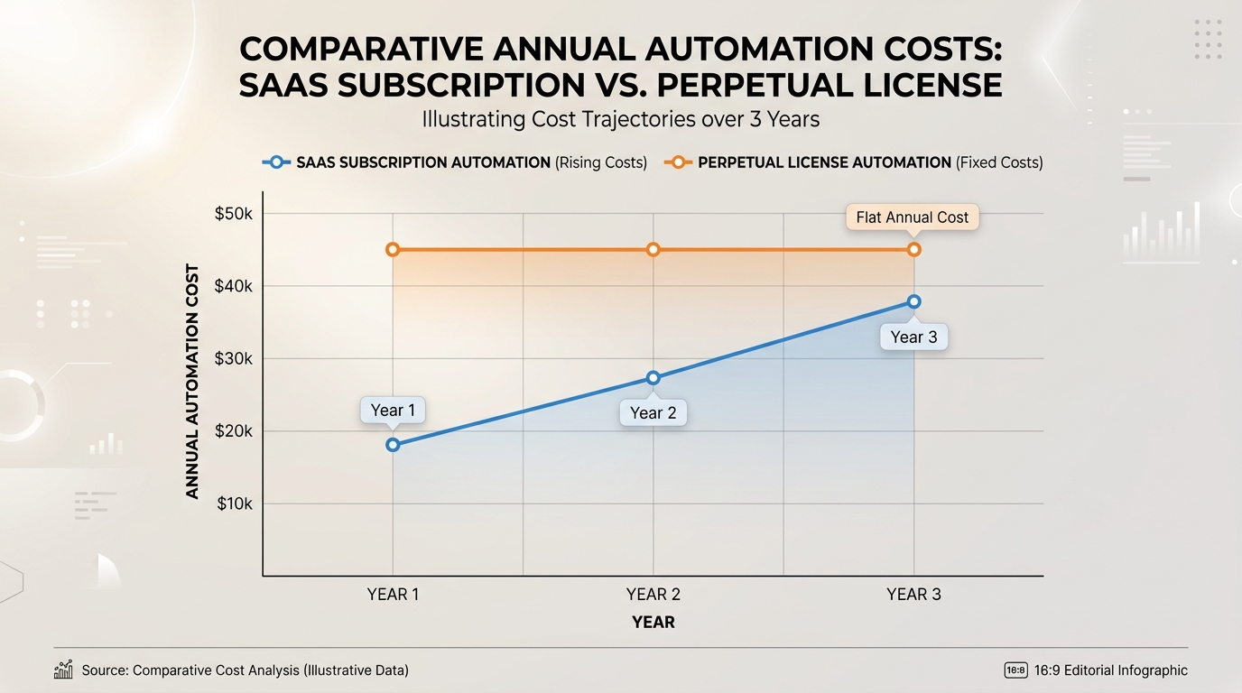 Chart comparing the cost trends of perpetual license automation versus SaaS subscriptions over three years.