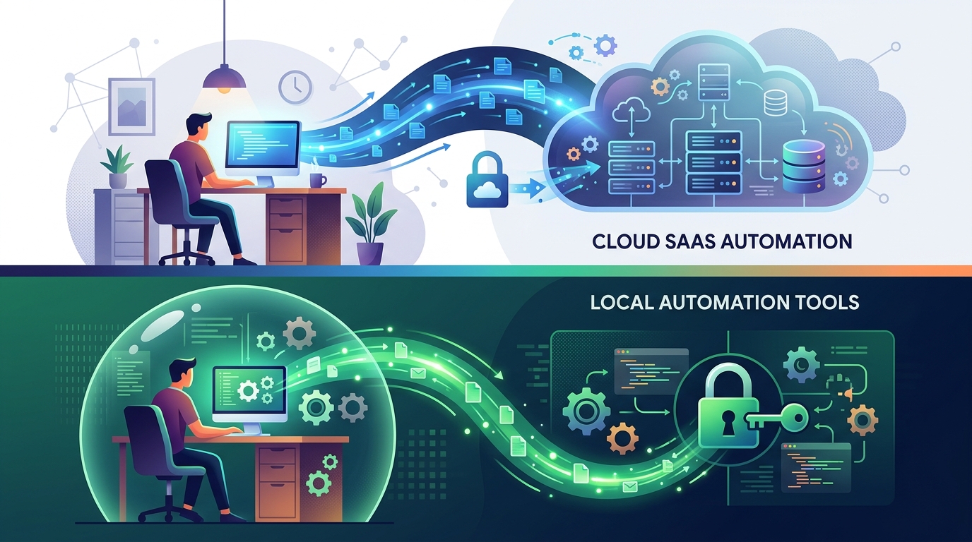 Diagram illustrating the difference in data flow and privacy between cloud SaaS automation, where data goes to remote servers, and local automation tools, where data remains on the local machine.