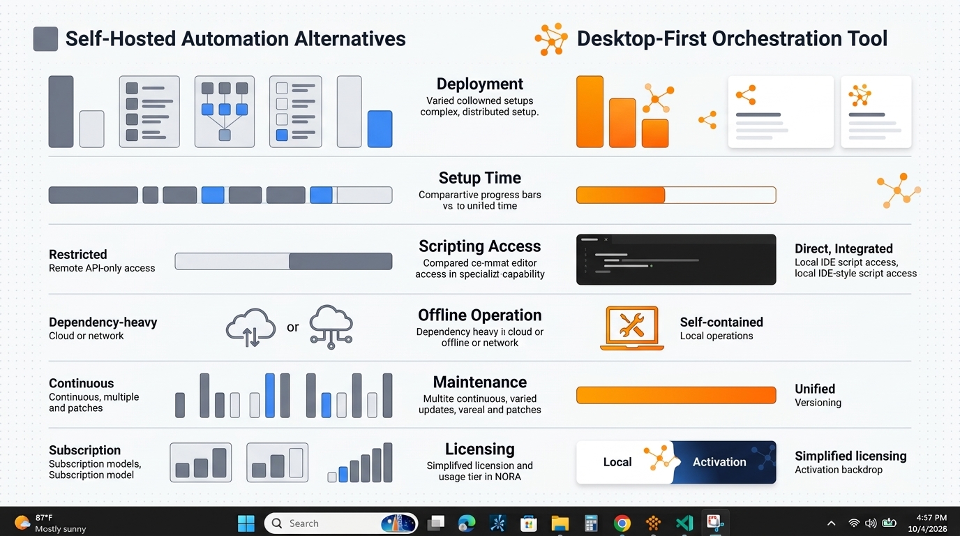 A comparison chart highlighting the differences between server-based self-hosted automation platforms and desktop-first orchestration tools like NORA, focusing on operational factors.