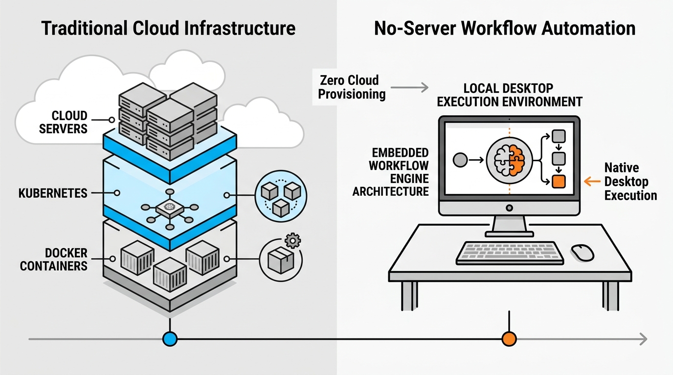 Illustration contrasting cloud-based workflow infrastructure versus local no-server workflow automation showing cloud servers versus local desktop execution.