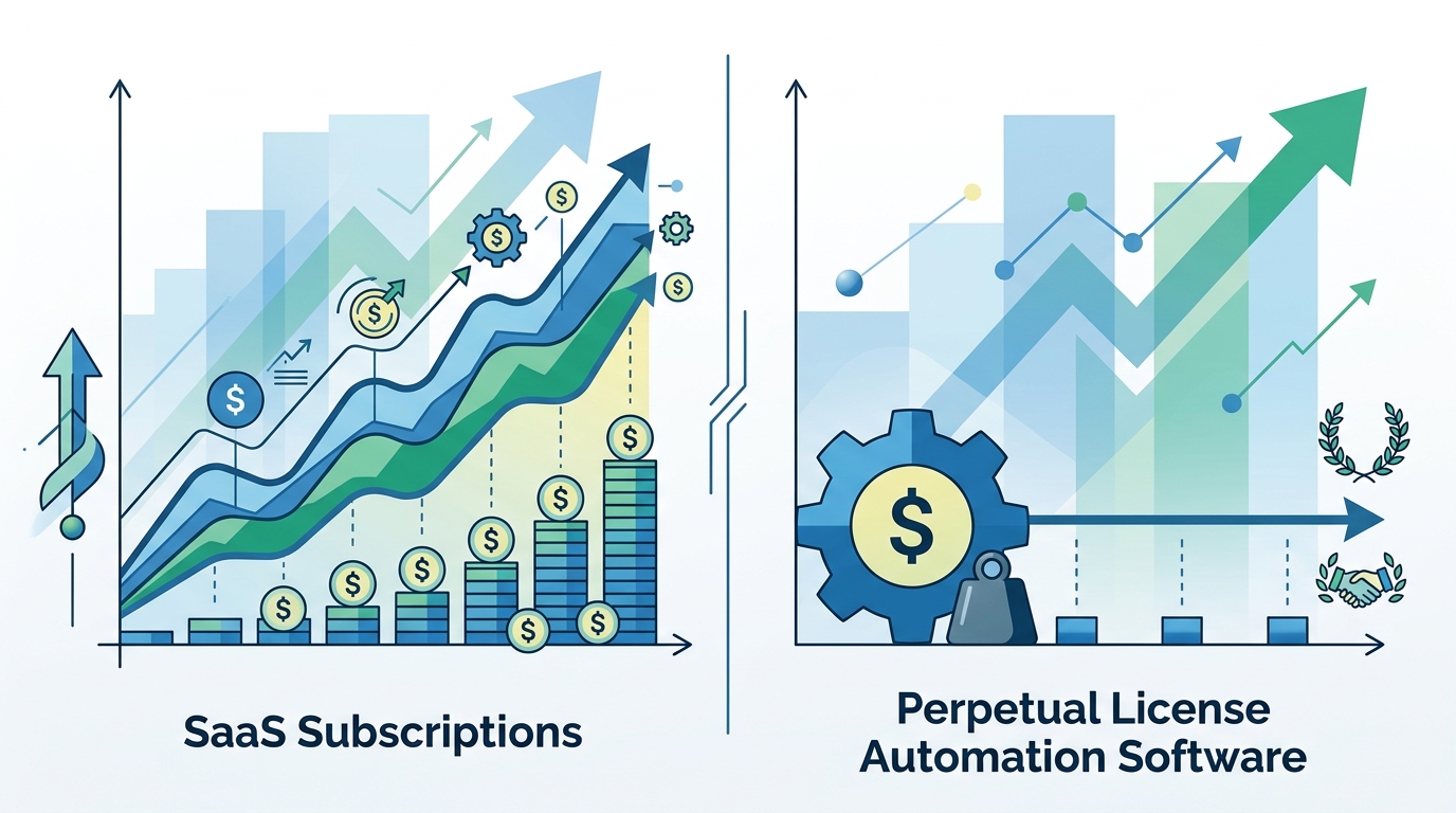 A visual comparison highlighting the financial benefits of perpetual license automation over recurring SaaS subscriptions.