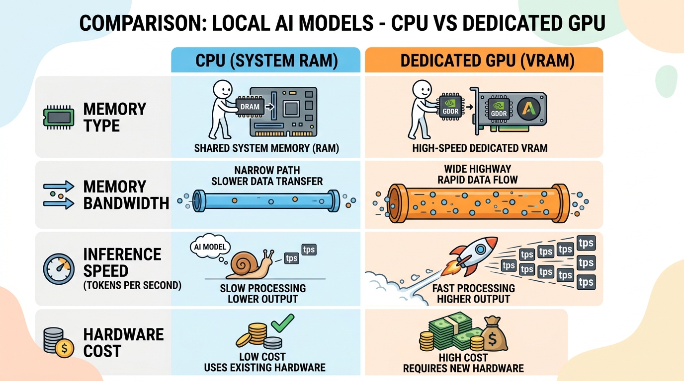Diagram comparing the performance and hardware characteristics of running local AI models on a CPU versus a dedicated graphics card.