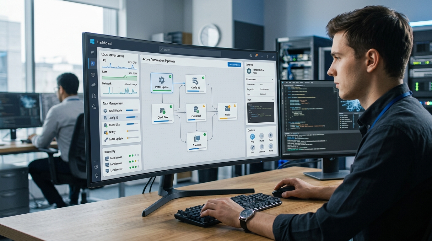 Dashboard view of Windows automation software for IT admins showing visual workflow and system controls