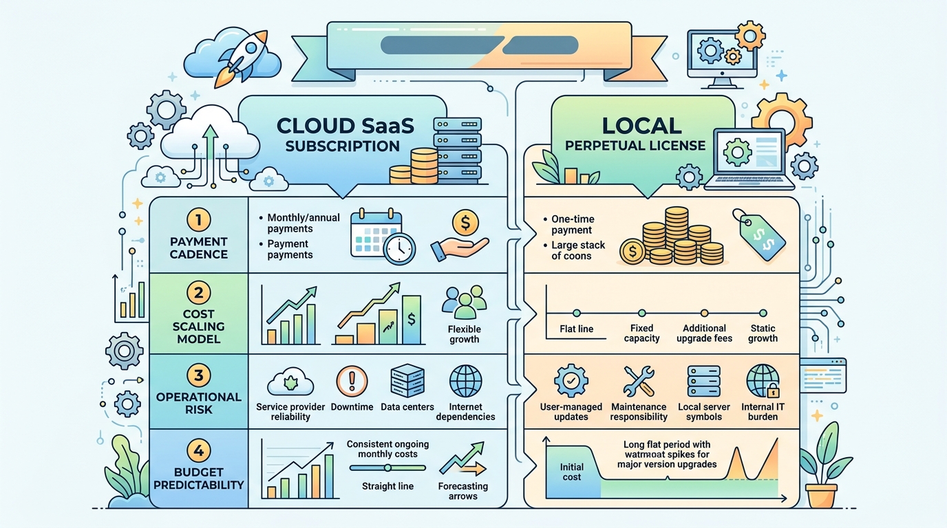 Comparison infographic showing differences between SaaS cloud subscription and local perpetual license pricing models for desktop automation software