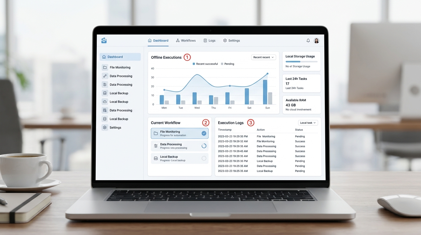 UI dashboard of a top desktop automation tool running offline workflows with graphs and execution logs