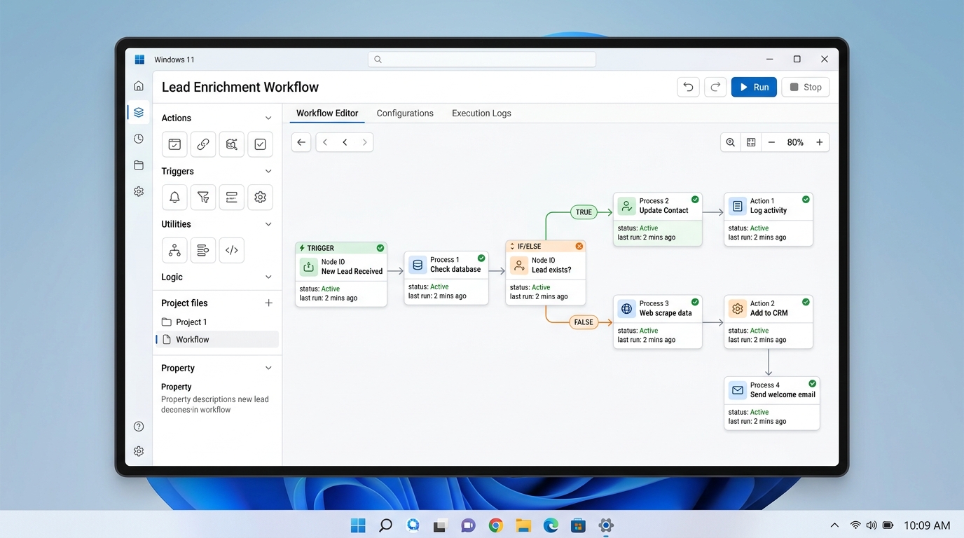 User interface of a desktop automation tool running on a Windows environment, showing a visual workflow with connected nodes.