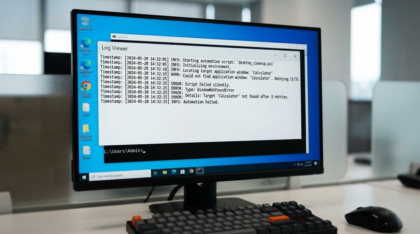 Screenshot of a Windows error log showing silent script crashes during desktop automation