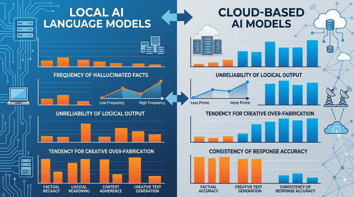 Chart comparing hallucination frequency between local and cloud AI models.