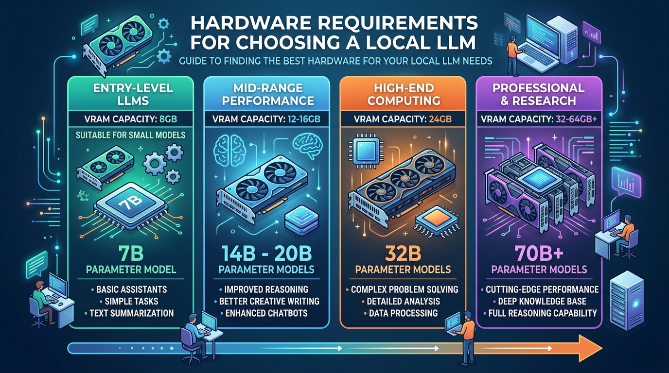 Infographic detailing hardware requirements for selecting a local large language model, showing VRAM, RAM, and model size considerations.