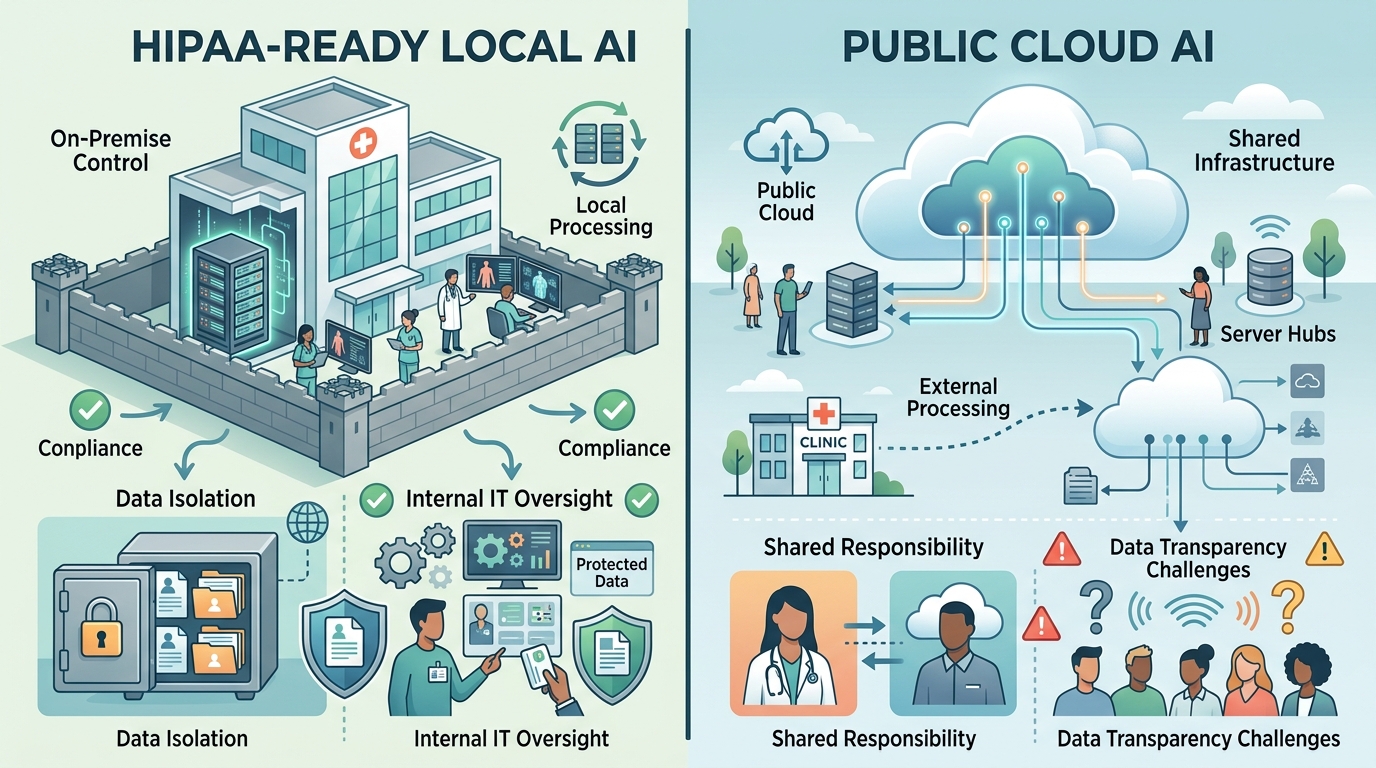 Comparison chart highlighting the differences between HIPAA-ready local AI models and traditional cloud AI solutions for healthcare.