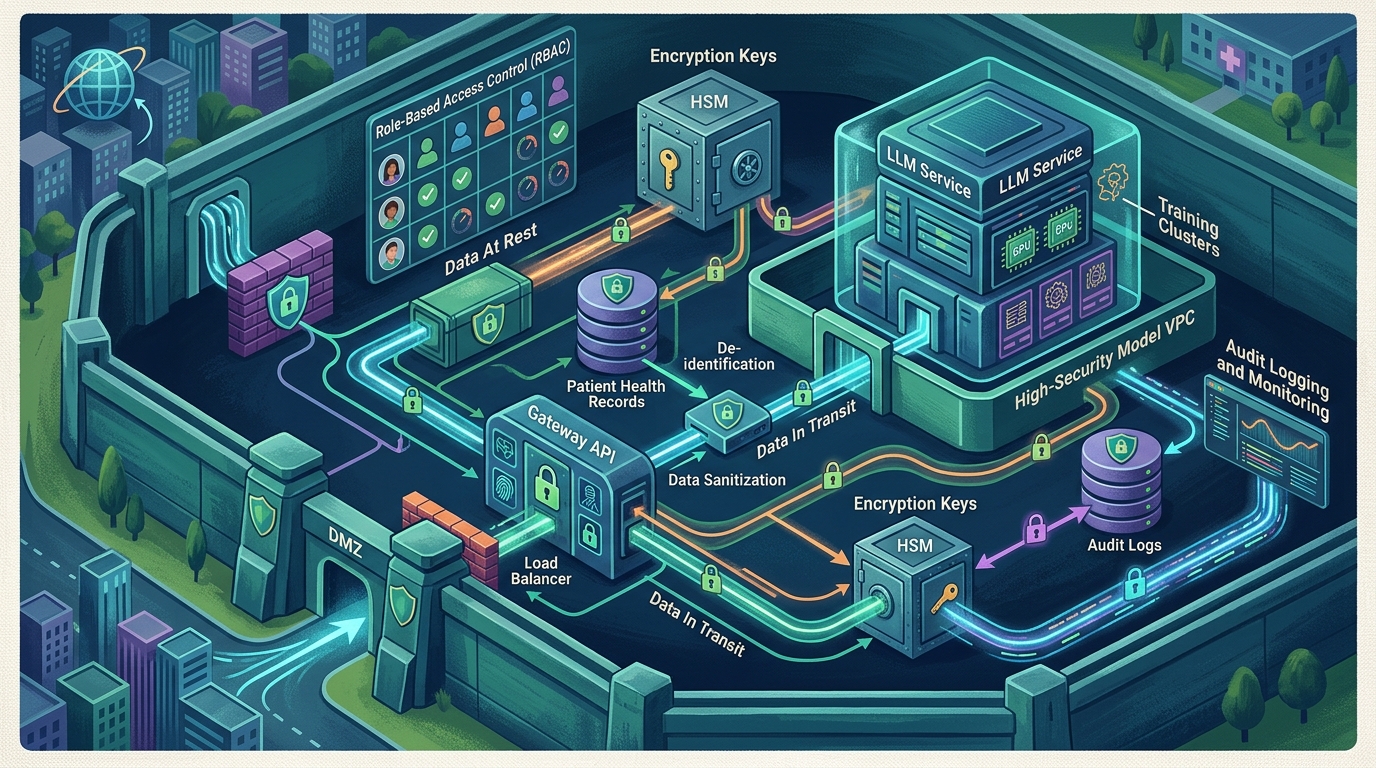 Diagram illustrating the architecture of a HIPAA compliant Large Language Model for processing healthcare data securely.