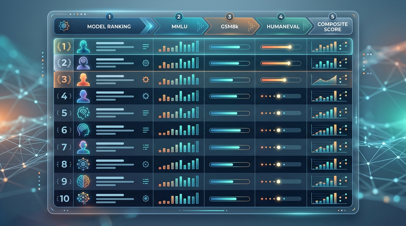 Screenshot of the HuggingFace Open LLM Leaderboard, displaying various open-source models and their performance across benchmarks like MMLU, GSM8k, and HumanEval.