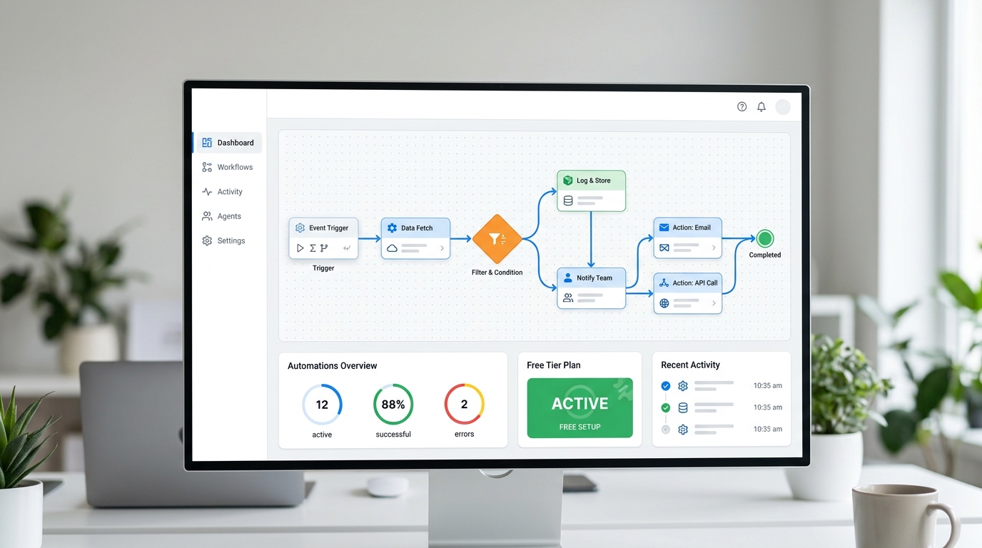 An illustrative IT admin dashboard showcasing a free workflow automation setup, emphasizing a no-subscription approach.