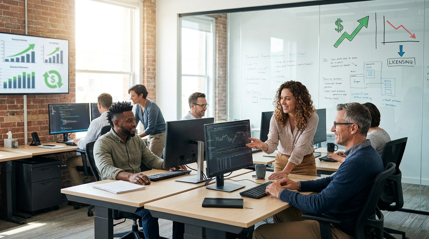 An IT department team experiencing the benefits of cost savings from perpetual license automation software, leading to increased productivity and satisfaction.
