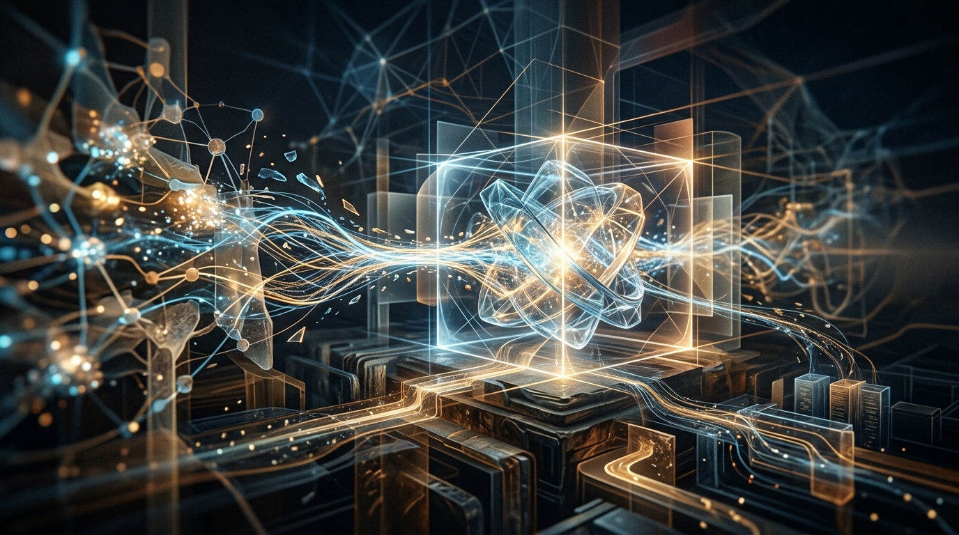 Abstract representation of LangChain managing memory for local LLMs, showing data flow and context.