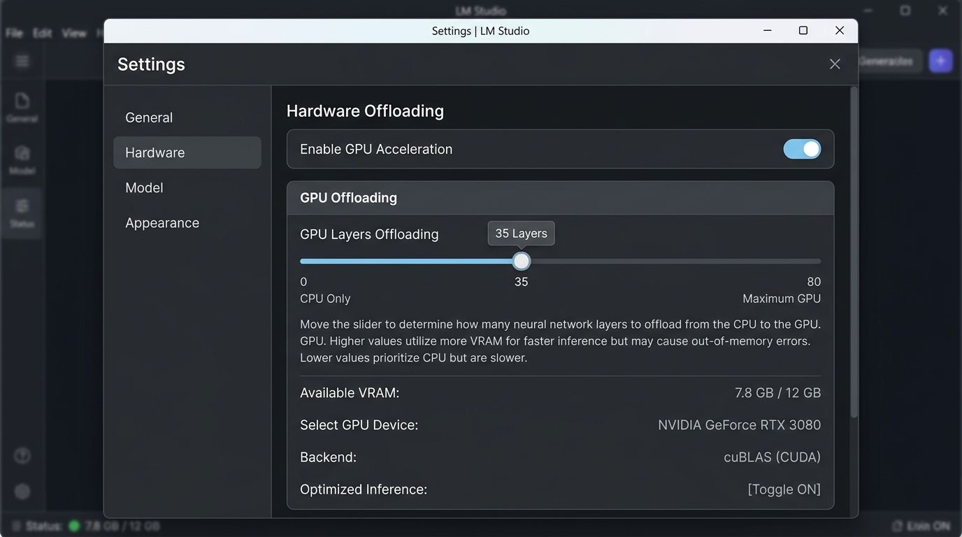 LM Studio UI showing hardware offloading settings to optimize model quality by adjusting GPU layers.