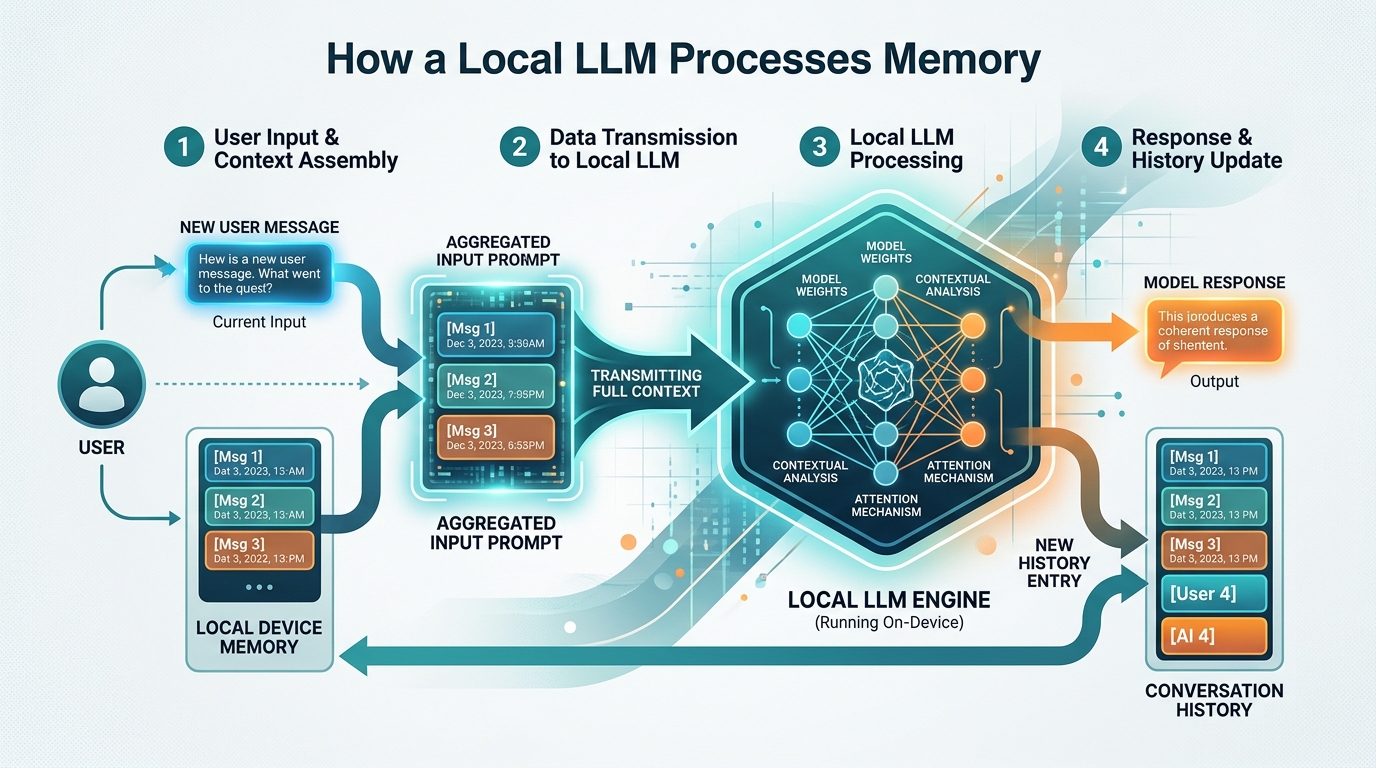 Diagram illustrating how a local LLM can remember previous messages by re-sending the entire chat history with each new prompt.