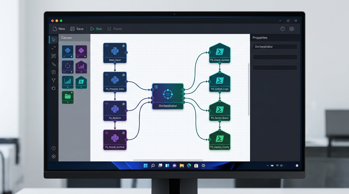 Local workflow builder interface managing a Python script orchestrator.