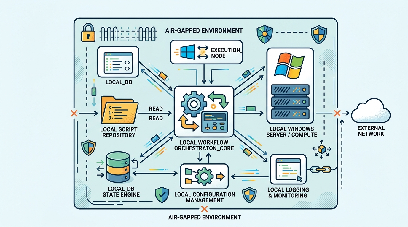 Diagram illustrating the architecture of local workflow orchestration on Windows, showing components like a Windows server, script repository, and local state engine operating securely offline.