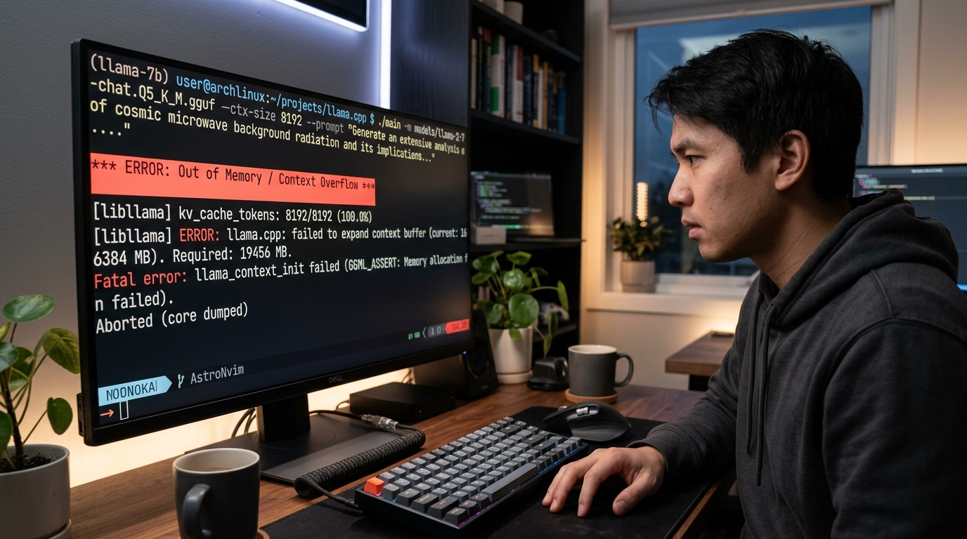 Terminal screen displaying a local LLM context overflow error message.