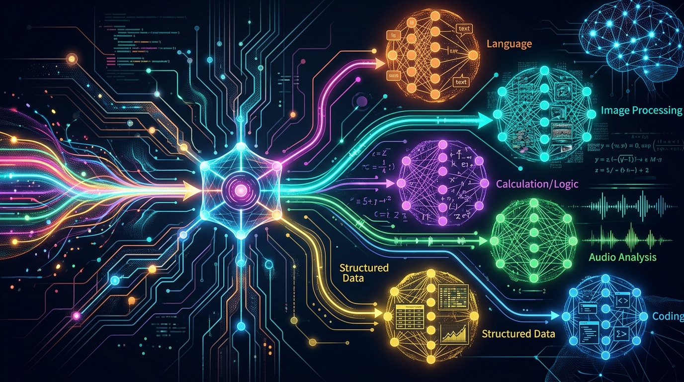 Illustration of the Mixture of Experts (MoE) architecture, depicting a router distributing tasks to various specialized AI expert modules.