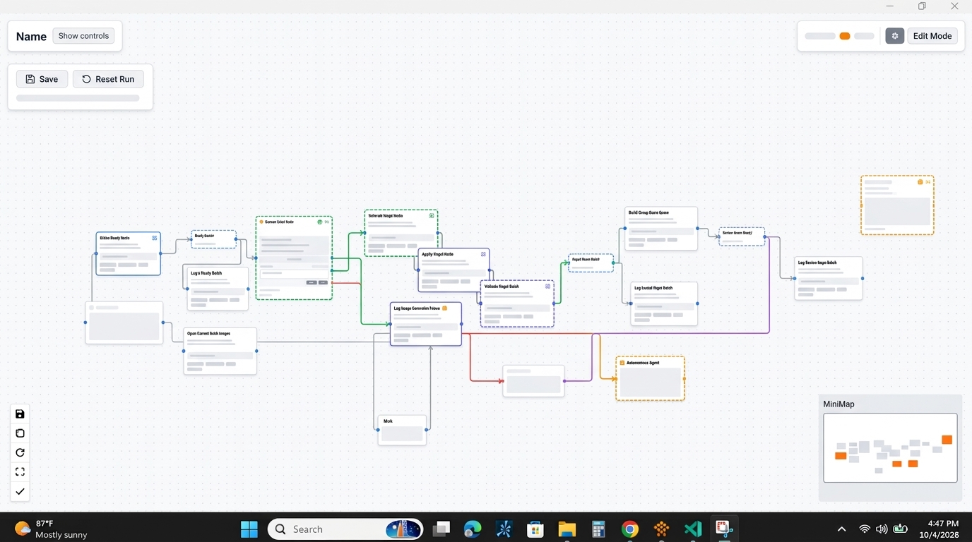 A clean, illustrative desktop application interface for Nora Automation, showing a visual workflow with interconnected script nodes on a light canvas.