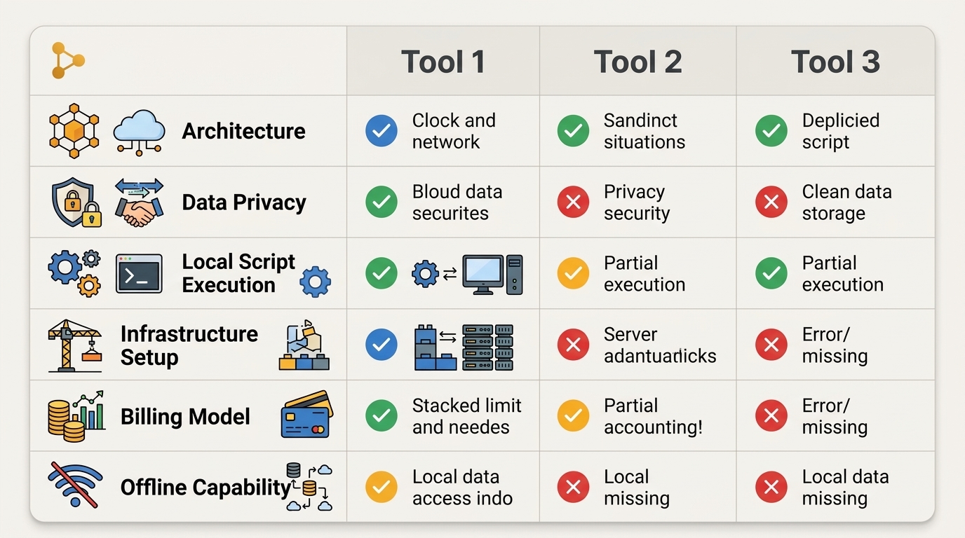 A feature comparison chart illustrating the differences between NORA Automation and other workflow tools like n8n and Make, highlighting aspects like architecture, data privacy, and local script execution.