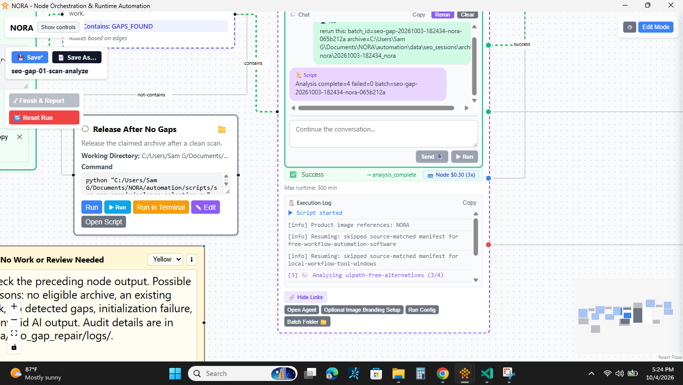 A user asks a NORA agent to rerun a specific batch; execution logs show it resuming and skipping previously matched work