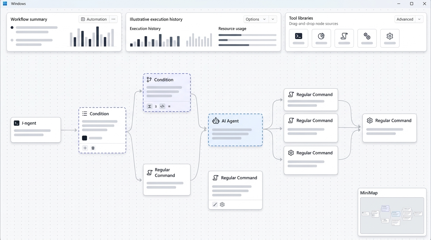 An illustrative dashboard of Nora, a local-first Windows automation tool, showing a clean interface for building workflows.