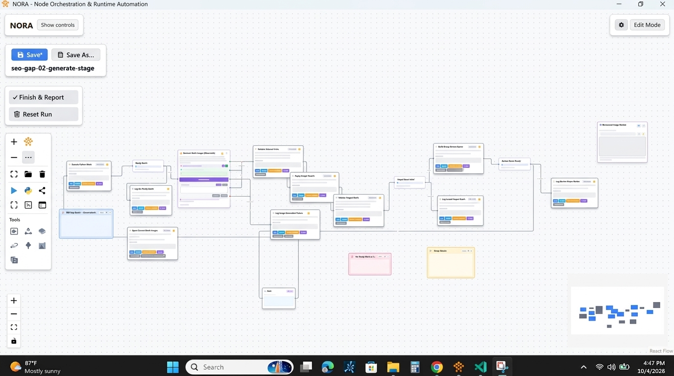 Illustrative interface of a NORA visual script orchestrator for Windows, showing a workflow with connected nodes for script execution.
