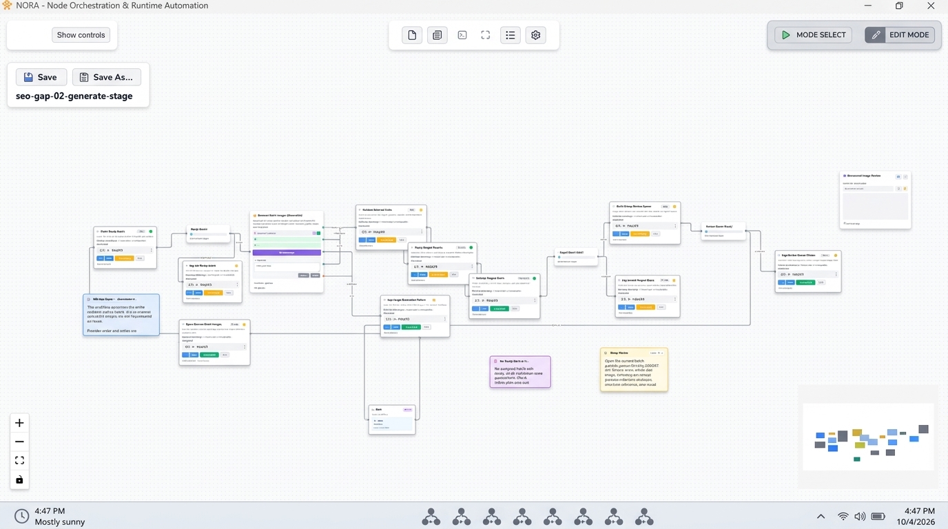 A clean, illustrative desktop dashboard of the NORA workflow orchestrator, displaying a visual automation workflow with connected nodes on a light canvas.