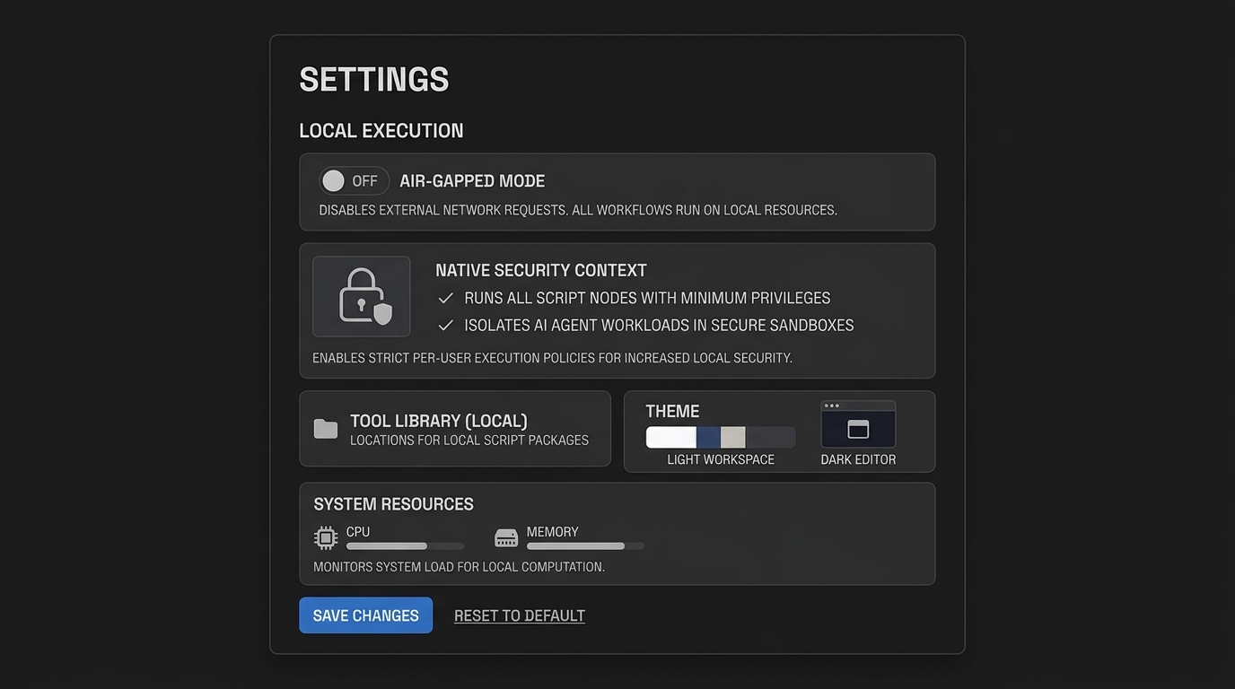 An illustrative dark settings panel from the NORA workflow orchestrator, showing configurations for local execution and security, emphasizing offline and air-gapped capabilities.