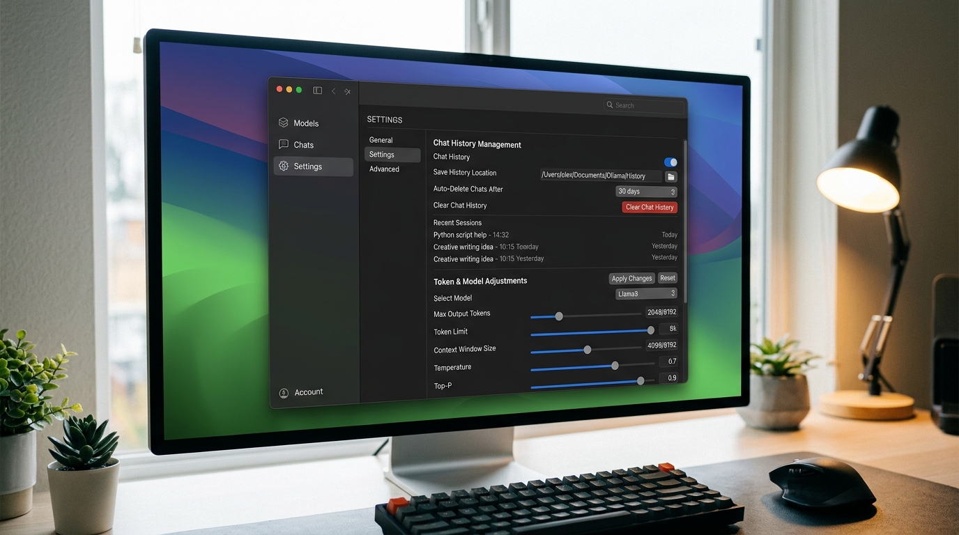 Ollama software interface screenshot showing settings for managing chat history and token memory limits.