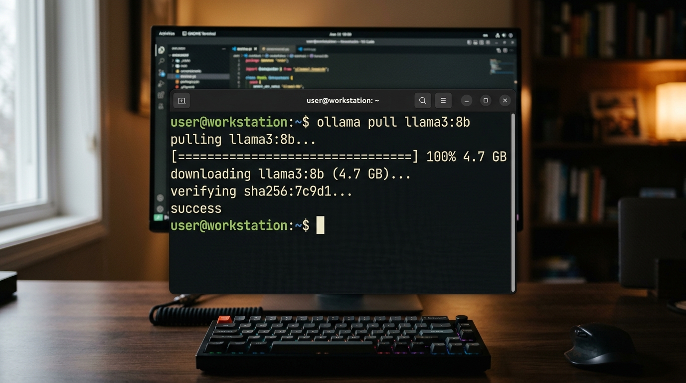 A terminal window showing the 'ollama pull' command being used to re-download or update an Ollama model, a common fix for corrupted downloads.