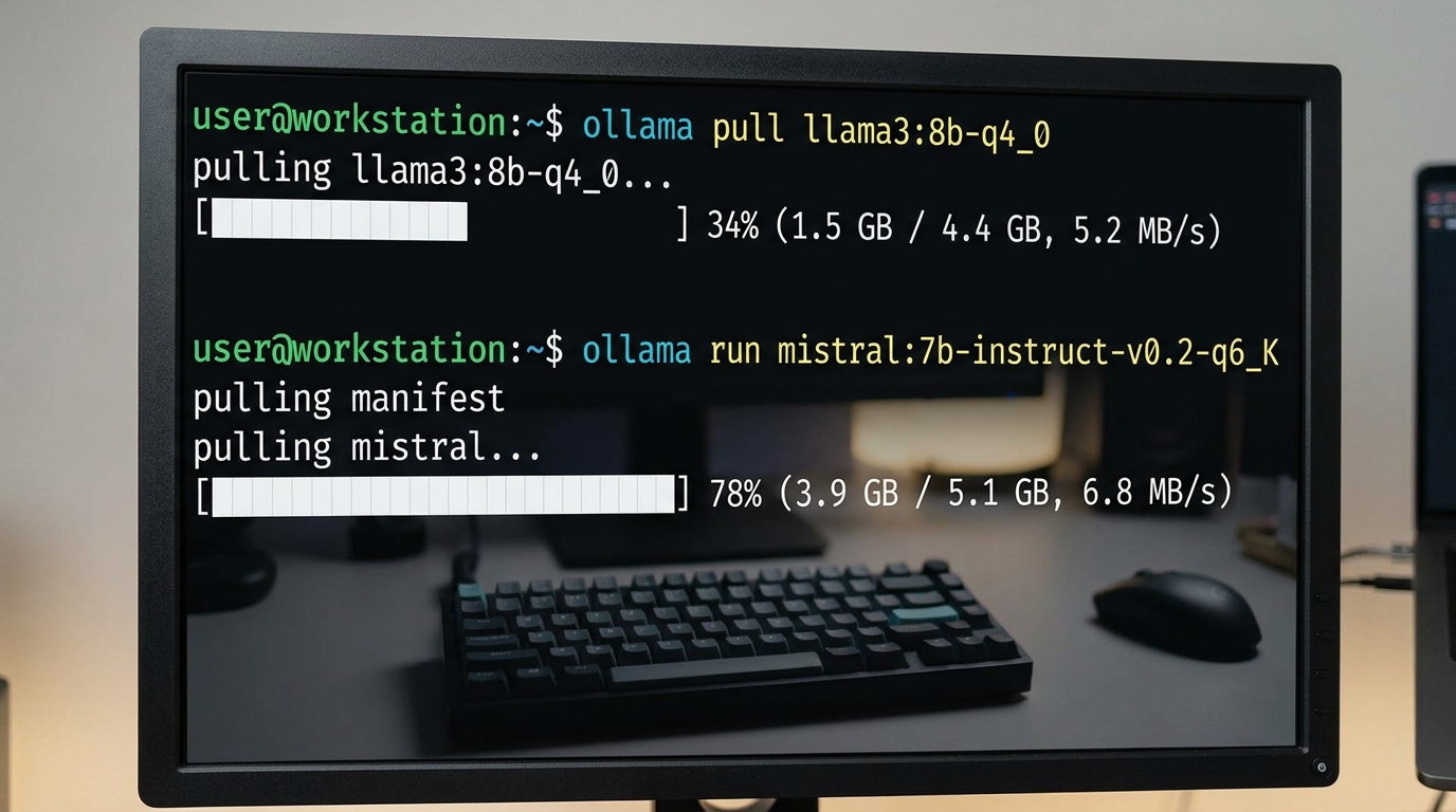 Screenshot of Ollama CLI showing commands to download proper model quantization for better quality.