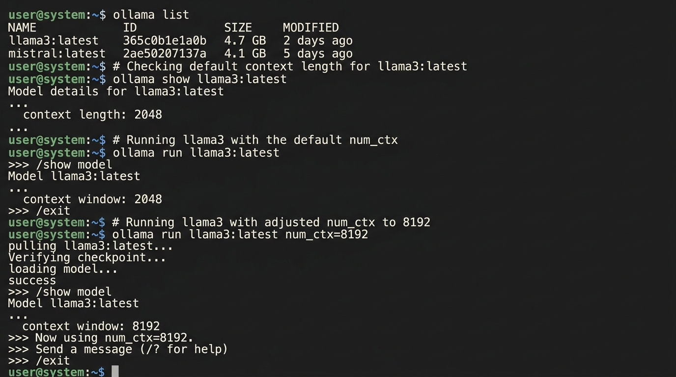 Terminal screenshot adjusting the num_ctx parameter for Ollama context window