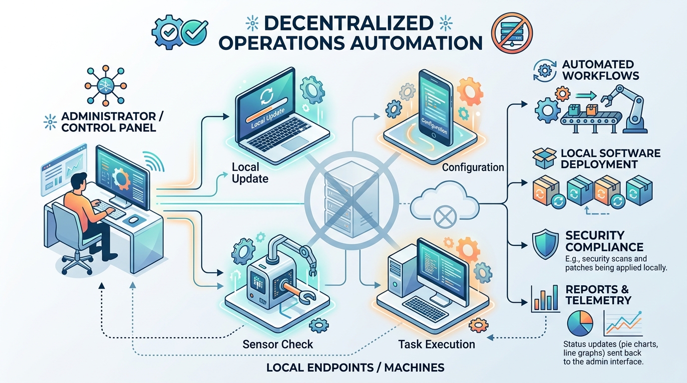 Diagram illustrating operations automation where tasks are executed directly on local machines or endpoints, bypassing traditional server infrastructure.