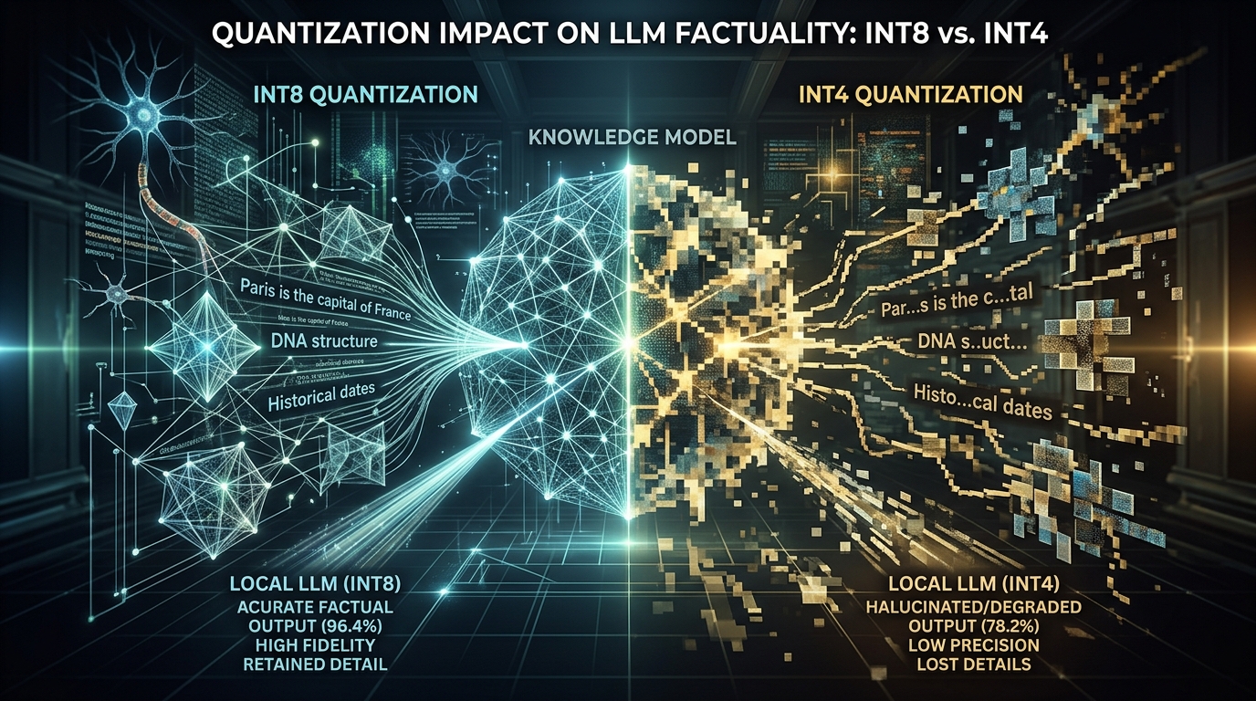 A conceptual image showing how different quantization levels, such as INT4 versus INT8, affect the factual accuracy and reliability of local LLMs.