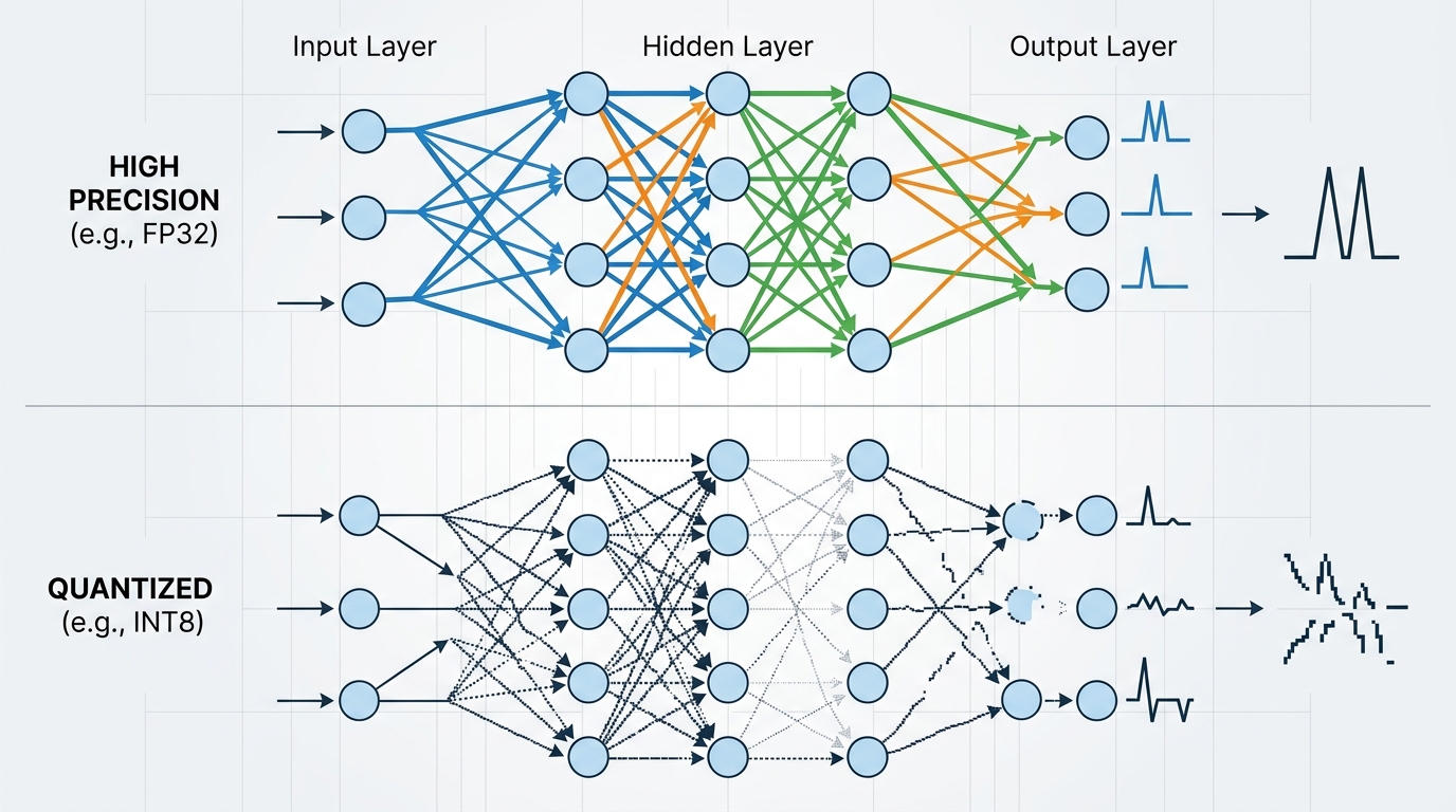 Diagram showing how aggressive quantization in small LLMs can degrade fine-grained instruction adherence and logical reasoning by making subtle weight activations noisy.