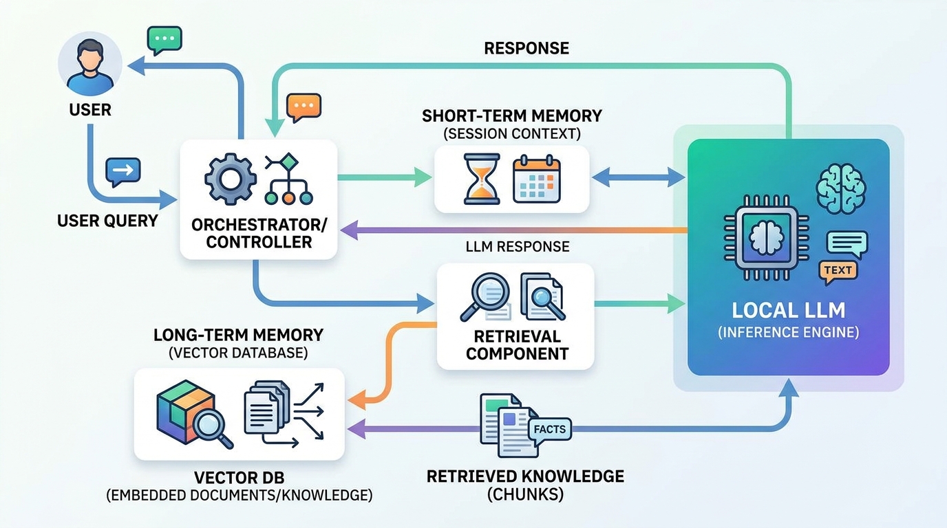 Architecture diagram showing the RAG process for local LLM memory, detailing how a user query triggers retrieval from a vector database before being fed into a local LLM for response generation.